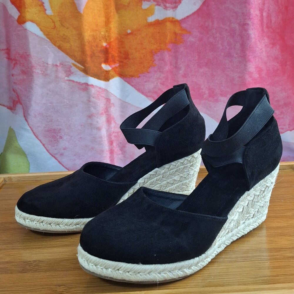 Faux Suede Black Natural Wedge Closed Toe Espadrilles Ankle Straps Size 39 EU - Picture 11 of 15